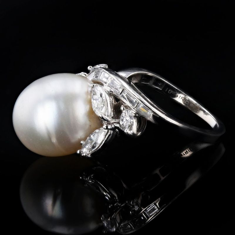 Photo 1 of 13.0mm PEAR SHAPE White South Sea Pearl and 1.35ctw Diamond Platinum Ring Size 7 with Appraisal RN027212