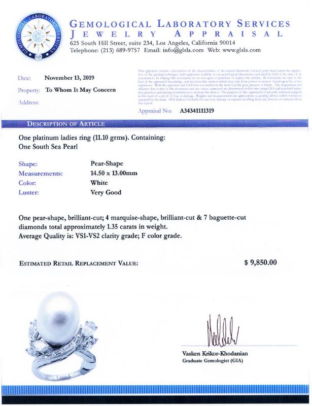 Photo 1 of 13.0mm PEAR SHAPE White South Sea Pearl and 1.35ctw Diamond Platinum Ring Size 7 with Appraisal RN027212