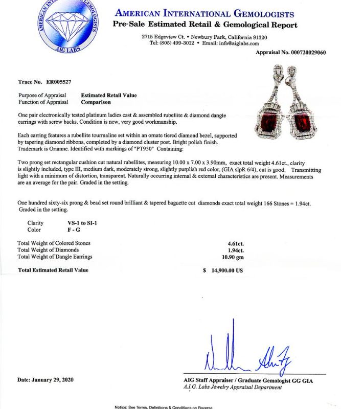 Photo 1 of 4.61ctw Rubellite Tourmaline and 1.94ctw Diamond Platinum Earrings with Appraisal ER005527