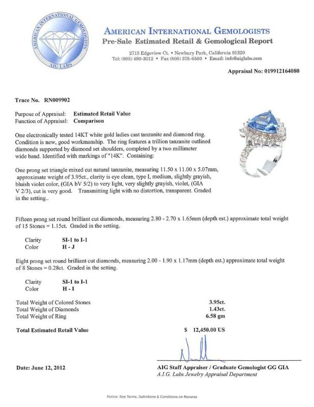Photo 1 of 3.95ct Tanzanite and 1.15ctw Diamond 14K White Gold Ring Size 7 1/4 with Appraisal RN009902