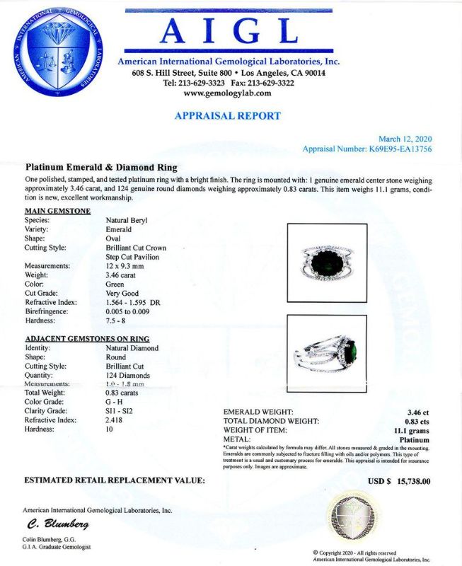 Photo 1 of 3.46ct Emerald and 0.83ctw Diamond Platinum Ring Size 6 3/4 with Appraisal RN028199