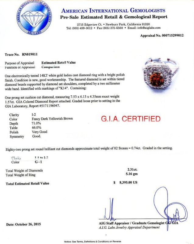 Photo 1 of 1.57ct Fancy Dark Yellowish Brown CENTER Diamond 14K White Gold Ring (2.31ctw Diamonds) GIA CERTIFIED Size 6 1/2 with Appraisal RN019011