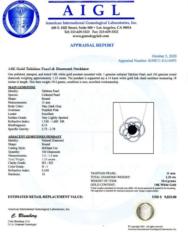 Photo 1 of 11mm Tahitian Pearl and 1.33ctw Diamond 14K White Gold Necklace/Pendant 18" Chain with Appraisal NK012934