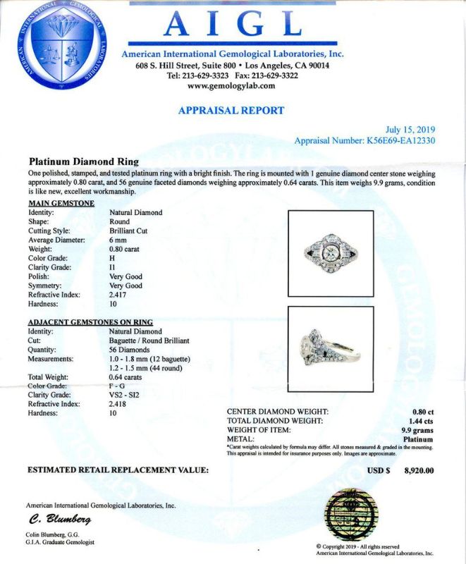 Photo 1 of 0.80ct CENTER Diamond Platinum Ring (1.44ctw Diamonds) Size 7 with Appraisal RN026622