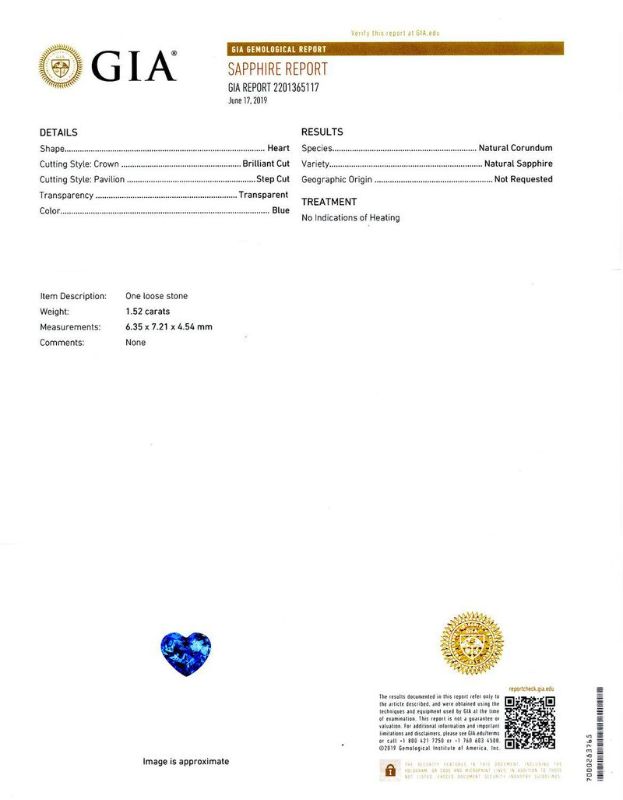 Photo 1 of 1.52ct UNHEATED Blue Sapphire and 0.40ctw Diamond 18K White Gold Ring (GIA CERTIFIED) Size 6 1/2 with Appraisal RN026910