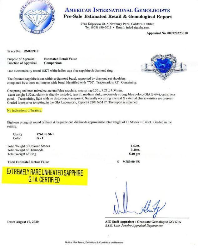 Photo 1 of 1.52ct UNHEATED Blue Sapphire and 0.40ctw Diamond 18K White Gold Ring (GIA CERTIFIED) Size 6 1/2 with Appraisal RN026910