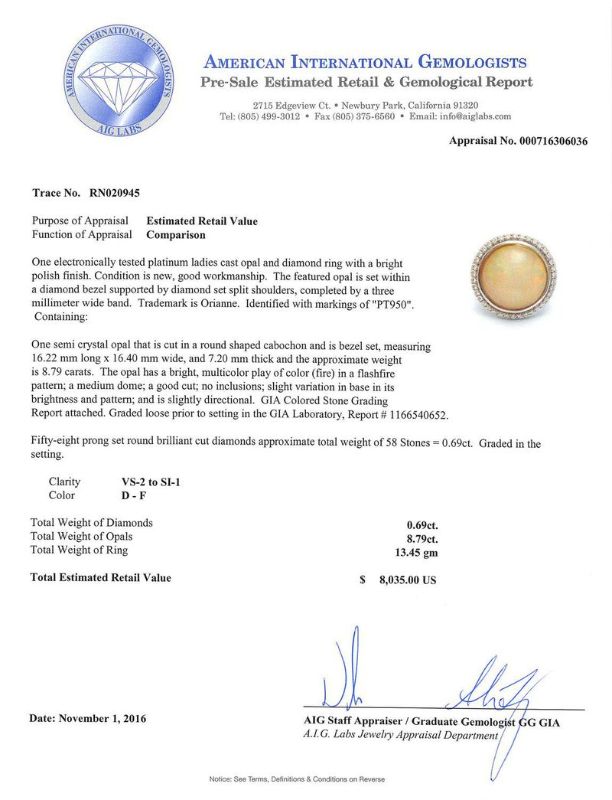 Photo 1 of 8.79ct Opal and 0.69ctw Diamond Platinum Ring (GIA CERTIFIED) Size 7 with Appraisal RN020945