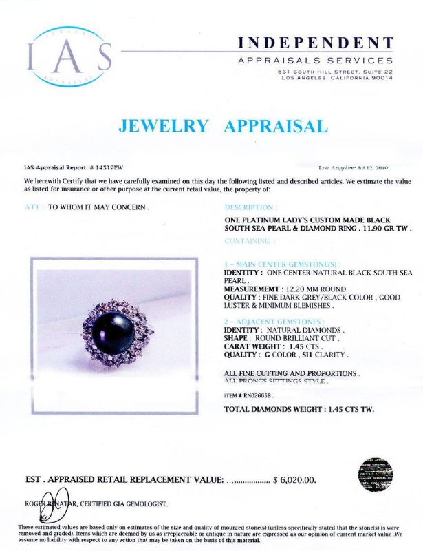 Photo 1 of 12.20mm South Sea Pearl and 1.45ctw Diamond Platinum Ring size 7 with Appraisal RN026658