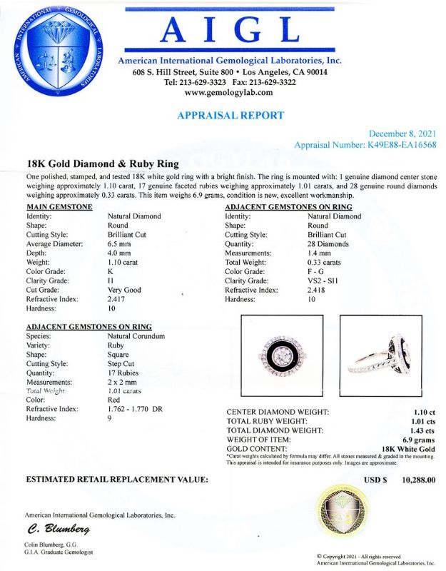 Photo 1 of 1.10ct Diamond and 1.01ctw Ruby 18K White Gold Ring (1.43ctw Diamonds) Size 6 1/2 with Appraisal RN031237