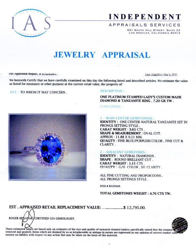 Photo 1 of 3.65ct Tanzanite and 1.11ctw Diamond Platinum Ring Size 6 3/4 with Appraisal RN029449