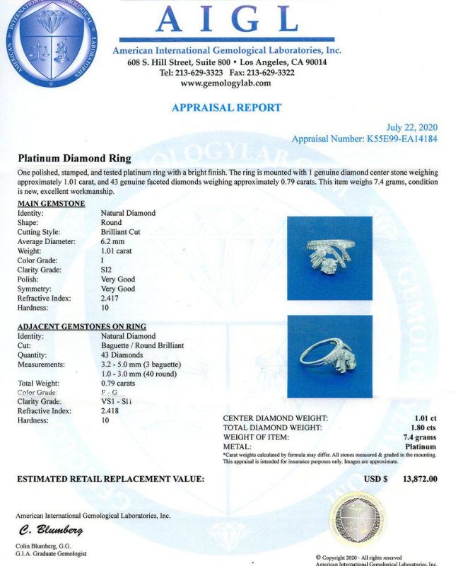 Photo 1 of 1.01ct Diamond Platinum Ring (1.80ctw Diamonds) Size 6 3/4 with Appraisal RN028588