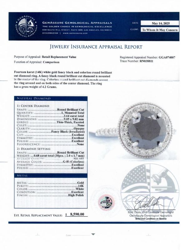 Photo 1 of 3.64ct Fancy Black CENTER Diamond 14K White Gold Ring (4.32ctw Diamonds) Size 6 1/2 with Appraisal RN038811