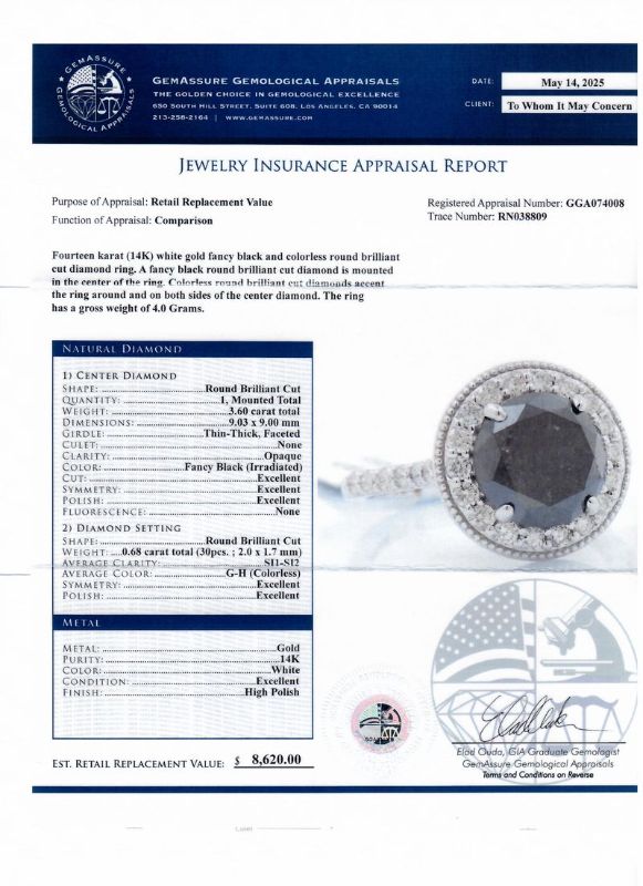 Photo 1 of 3.60ct Fancy Black CENTER Diamond 14K White Gold Ring (4.28ctw Diamonds) Size 7 with Appraisal RN038809