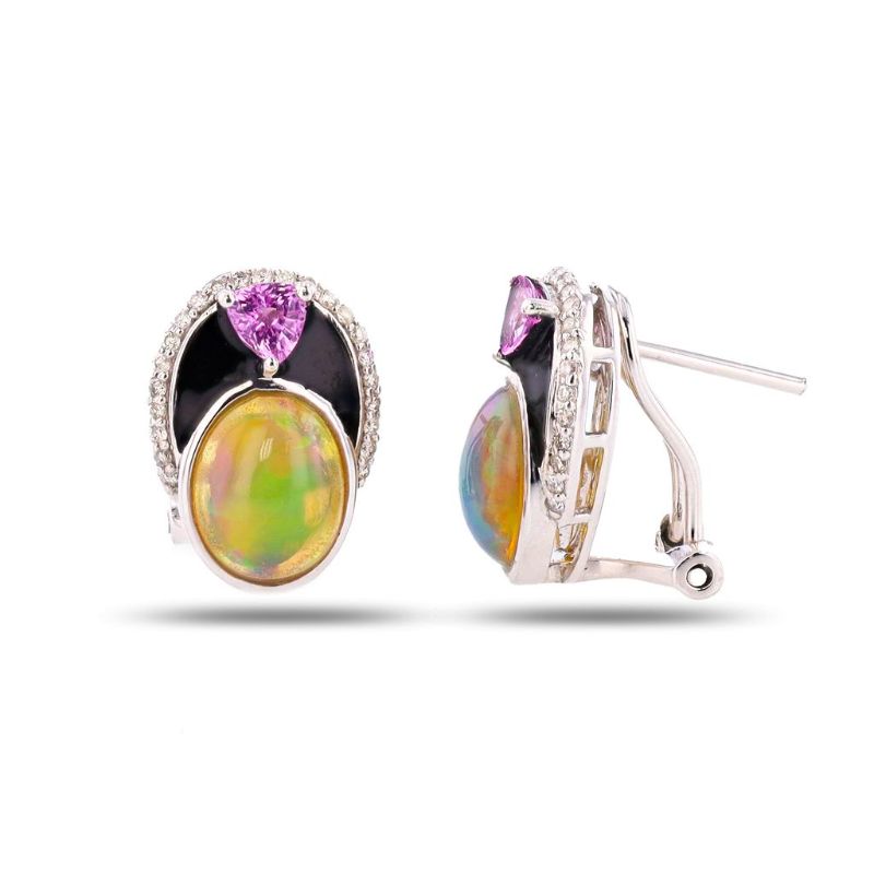 Photo 1 of 2.76ctw Opal, 0.48ctw Pink Sapphire and 0.18ctw Diamond Platinum Earrings with Appraisal ER007841