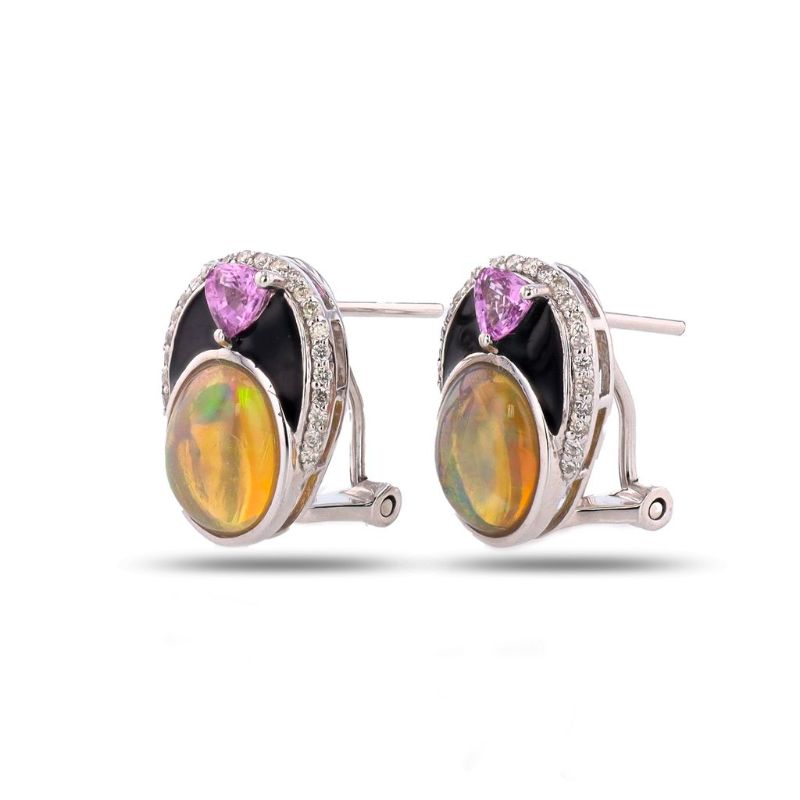 Photo 1 of 2.76ctw Opal, 0.48ctw Pink Sapphire and 0.18ctw Diamond Platinum Earrings with Appraisal ER007841