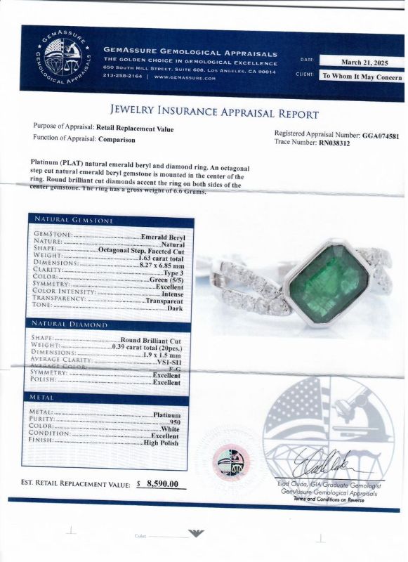 Photo 1 of 1.63ct Emerald and 0.39ctw Diamond Platinum Ring size 6 3/4 with Appraisal RN038312