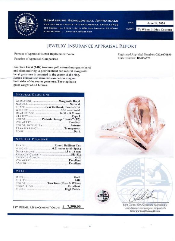 Photo 1 of 3.55ct Morganite and 0.21ctw Diamond 14K Rose and White Gold Ring Size 6 1/2 with Appraisal RN036677