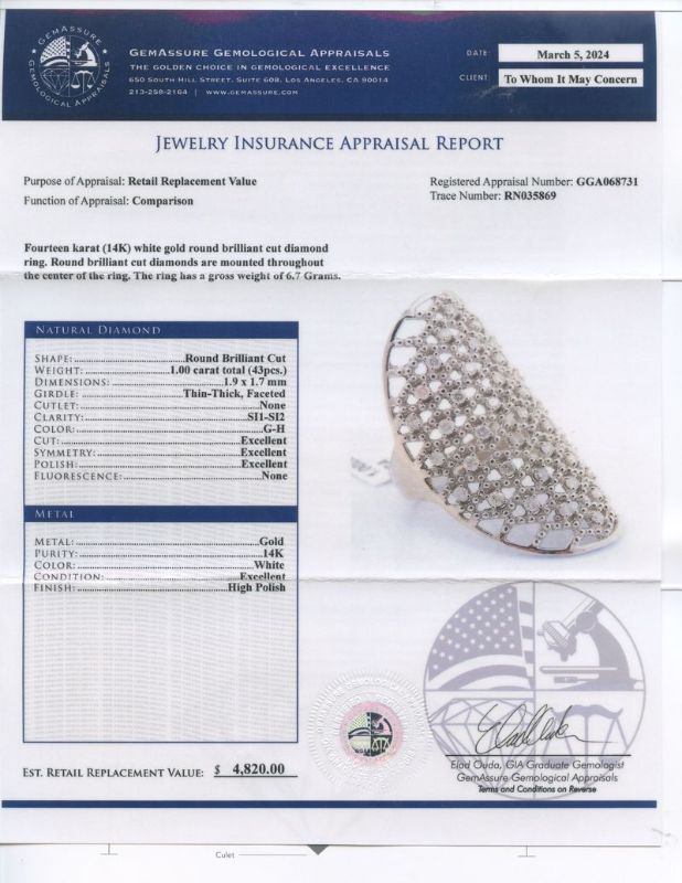 Photo 1 of 1.00ct SI1 to SI2 CLARITY Diamond 14K White Gold Ring Size 6 1/4 with Appraisal RN035869