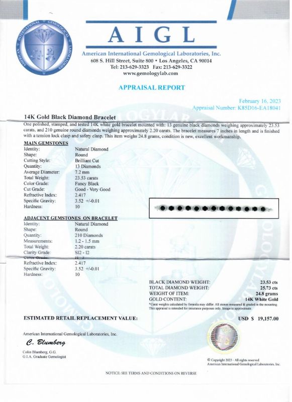 Photo 1 of 23.53ctw Fancy Black Diamond 14K White Gold Bracelet (25.73ctw Diamonds) size 7" with Appraisal BR007671