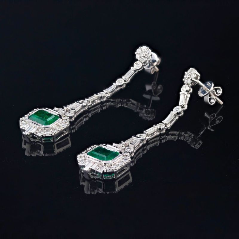 Photo 1 of 3.18ctw Emerald and 1.86ctw Diamond Platinum Dangle Earrings with Appraisal ER006546