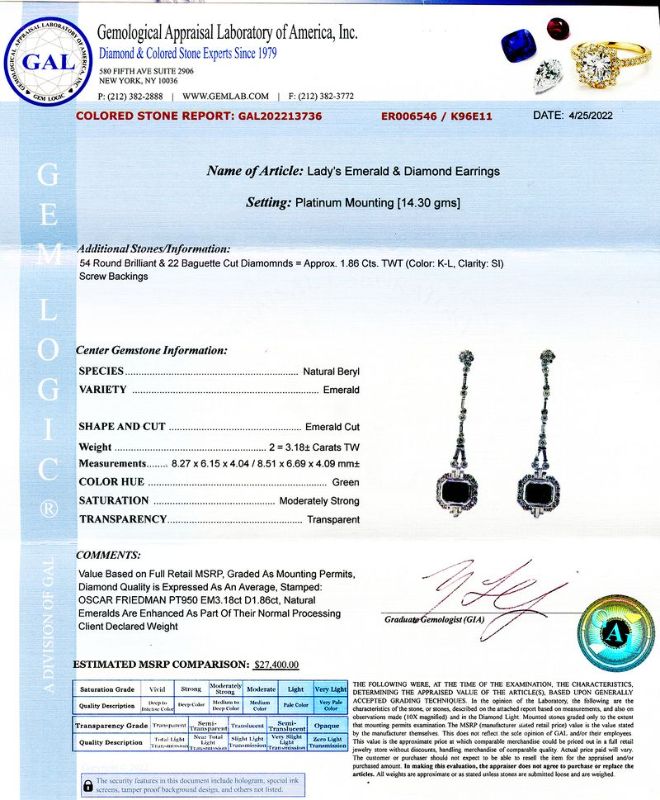 Photo 1 of 3.18ctw Emerald and 1.86ctw Diamond Platinum Dangle Earrings with Appraisal ER006546