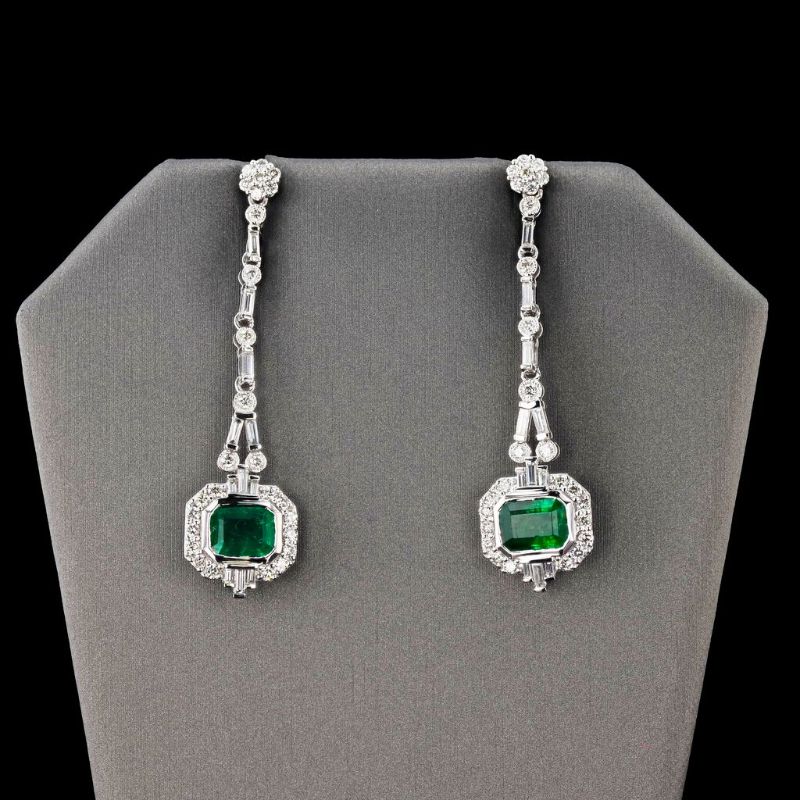 Photo 1 of 3.18ctw Emerald and 1.86ctw Diamond Platinum Dangle Earrings with Appraisal ER006546