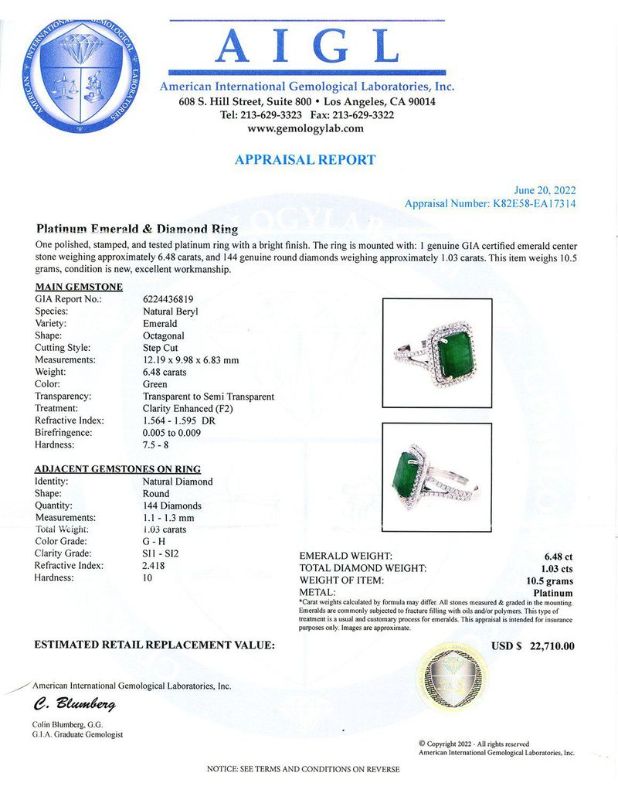 Photo 1 of 6.48ct Emerald and 1.03ctw Diamond Platinum Ring (GIA CERTIFIED) size 6 3/4 with Appraisal RN032487