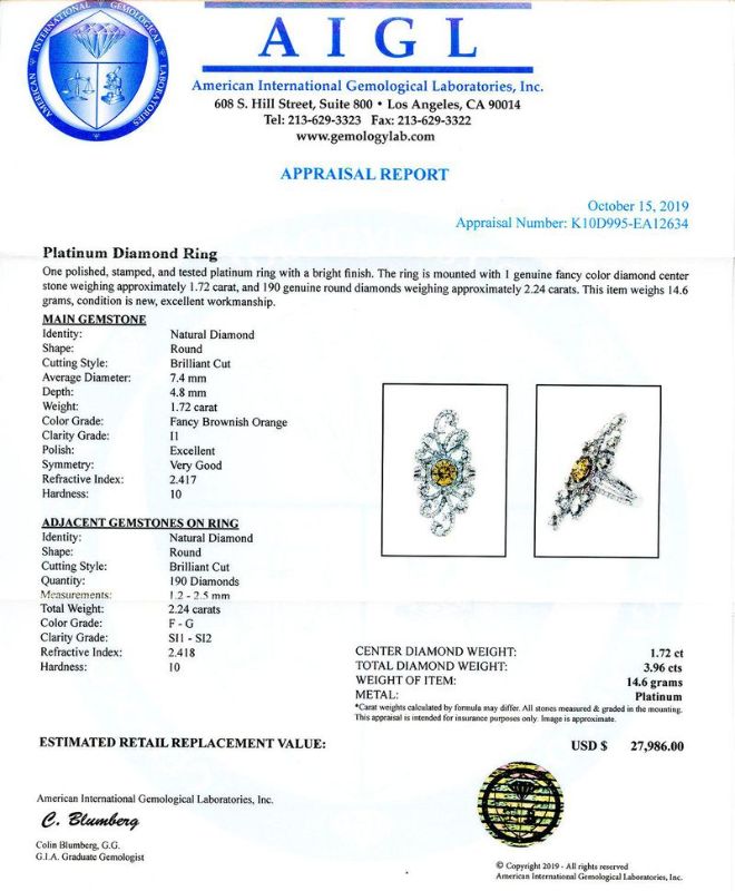Photo 1 of 1.72ct Fancy Brownish Orange CENTER Diamond Platinum Ring (3.96ctw Diamonds) size 6 3/4 with Appraisal RN027085