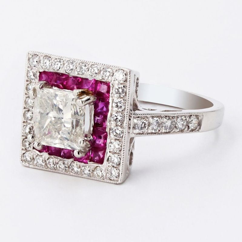 Photo 1 of 1.30ct CENTER Diamond and 0.68ctw Ruby Platinum Ring (1.72ctw Diamonds) Size 6 1/2 with Appraisal RN026449
