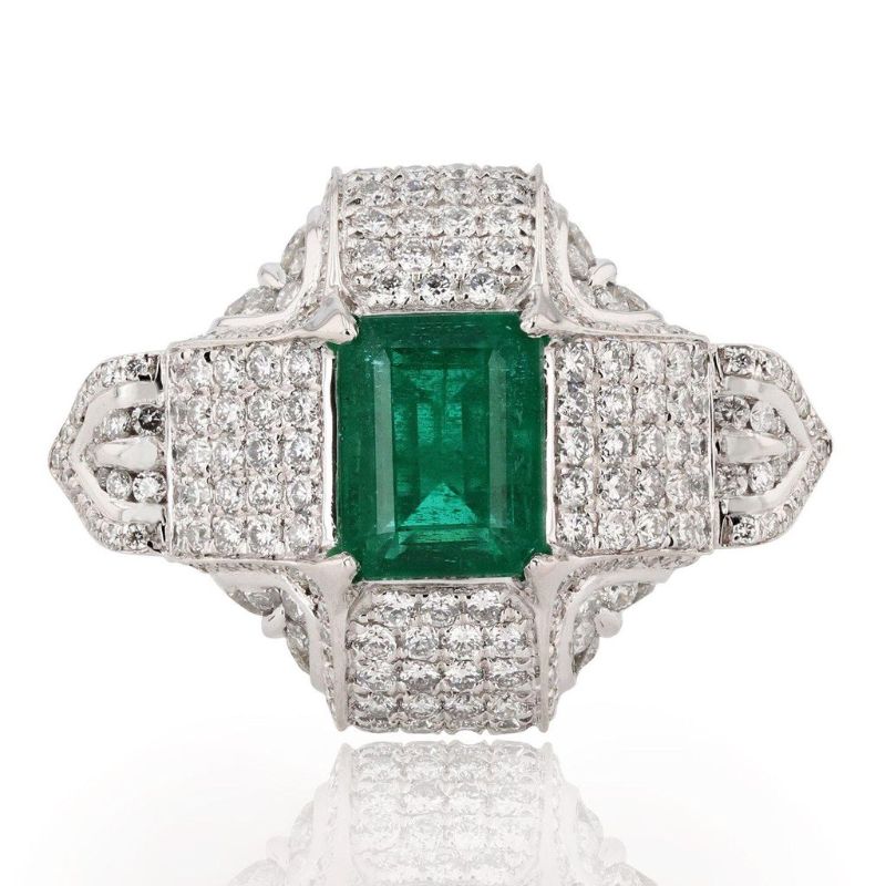 Photo 1 of 2.87ct Emerald and 2.12ctw Diamond Platinum Ring Size 7 1/4 with Appraisal RN028068