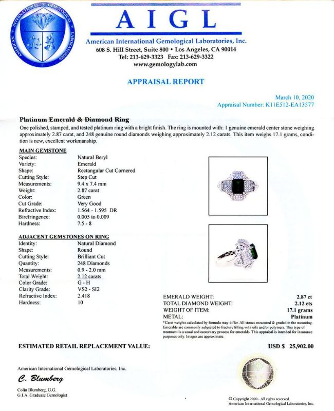 Photo 1 of 2.87ct Emerald and 2.12ctw Diamond Platinum Ring Size 7 1/4 with Appraisal RN028068