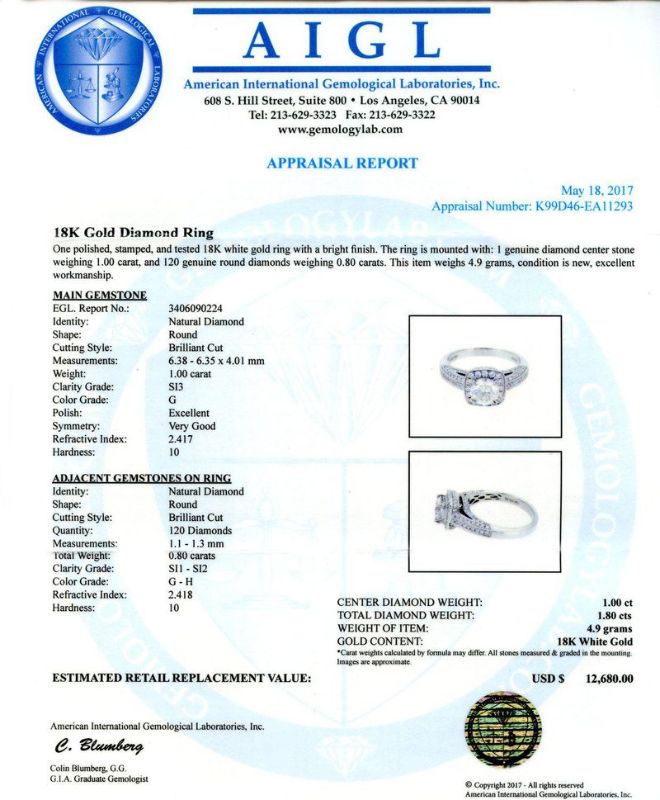 Photo 1 of 1.00ct SI3 CLARITY CENTER Diamond 18K White Gold Ring (1.80ctw Diamonds) EGL CERTIFIED size 7 with Appraisal RN016481