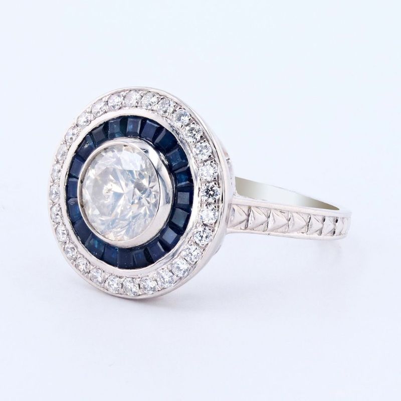 Photo 1 of 1.66ct Diamond and 1.09ctw Blue Sapphire Platinum Ring (2.03ctw Diamonds) Size 6 3/4 with Appraisal RN029677