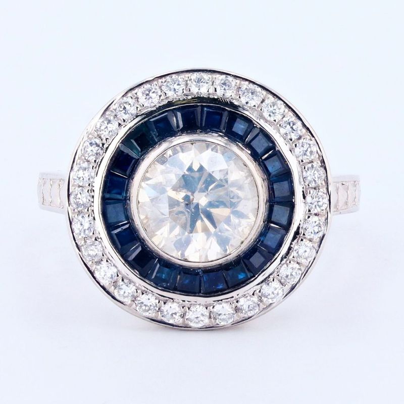 Photo 1 of 1.66ct Diamond and 1.09ctw Blue Sapphire Platinum Ring (2.03ctw Diamonds) Size 6 3/4 with Appraisal RN029677