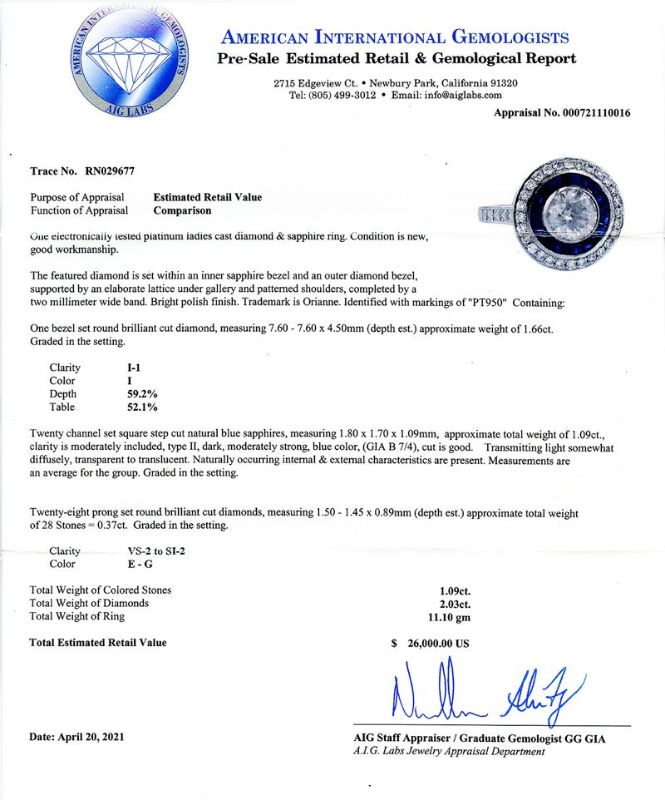 Photo 1 of 1.66ct Diamond and 1.09ctw Blue Sapphire Platinum Ring (2.03ctw Diamonds) Size 6 3/4 with Appraisal RN029677
