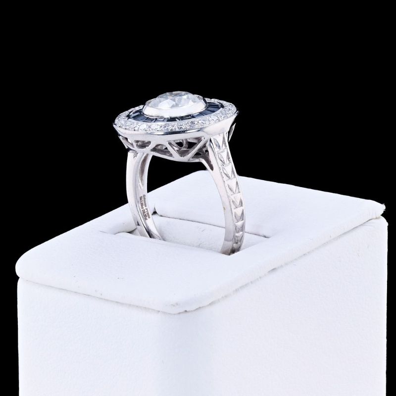 Photo 1 of 1.66ct Diamond and 1.09ctw Blue Sapphire Platinum Ring (2.03ctw Diamonds) Size 6 3/4 with Appraisal RN029677