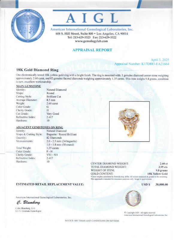 Photo 1 of 2.60ct G COLOR I1 CLARITY CENTER Diamond 18K Yellow Gold Ring (2.60ctw Diamonds) size 9 with Appraisal RN038363