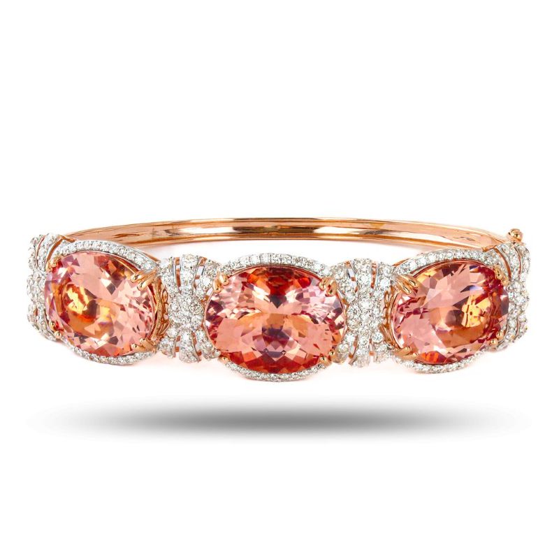 Photo 1 of 34.82ctw Morganite and 2.48ctw Diamond 14K Rose and White Gold Bangle Size 7" with Appraisal BG001439