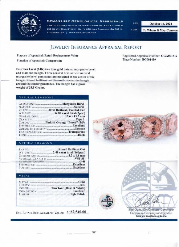 Photo 1 of 34.82ctw Morganite and 2.48ctw Diamond 14K Rose and White Gold Bangle Size 7" with Appraisal BG001439