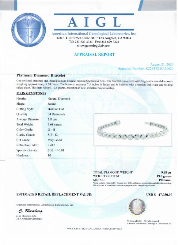 Photo 1 of 9.68ctw G to H COLOR SI3 to I2 CLARITY Diamond Platinum Tennis Bracelet Size 7 1/2" with Appraisal BR008459