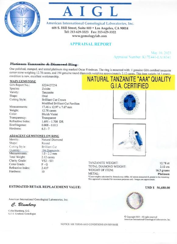 Photo 1 of 12.78ct Tanzanite and 2.12ctw Diamond Platinum Ring (GIA CERTIFIED) size 7 1/2 with Appraisal RN034252
