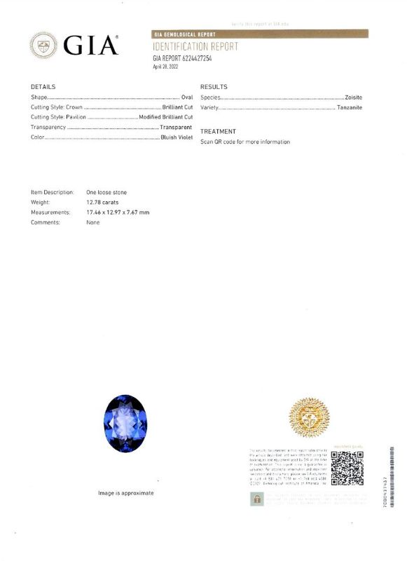 Photo 1 of 12.78ct Tanzanite and 2.12ctw Diamond Platinum Ring (GIA CERTIFIED) size 7 1/2 with Appraisal RN034252