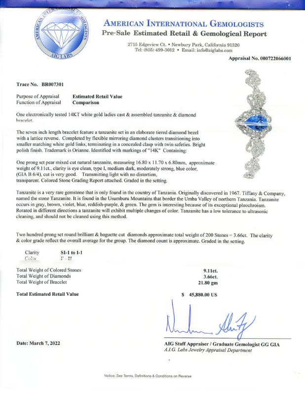 Photo 1 of 9.11ct Tanzanite and 3.66ctw Diamond 14K White Gold Bracelet size 7" with Appraisal BR007301