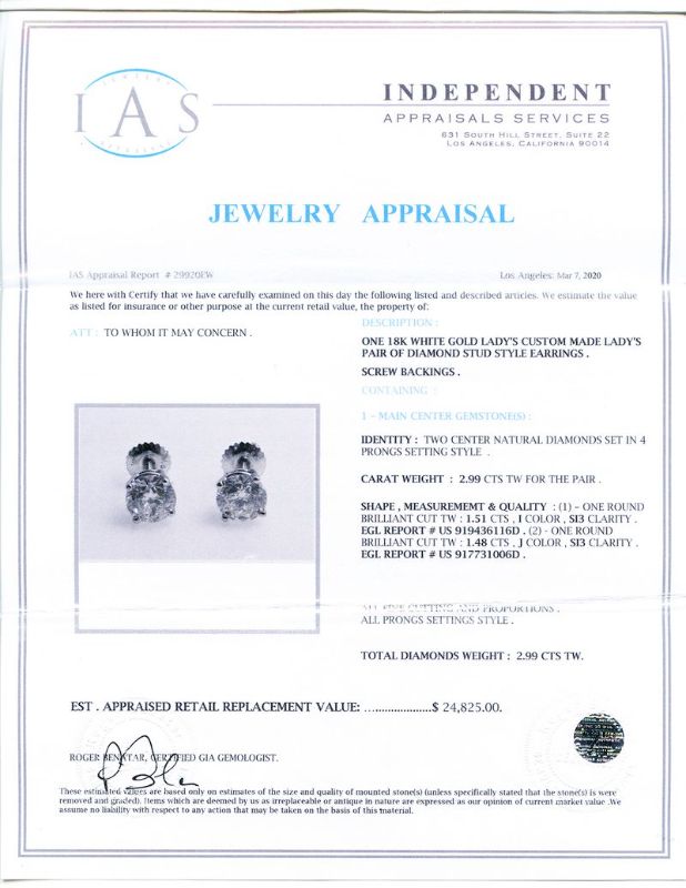 Photo 1 of 2.99ctw Diamond 18K White Gold Stud Earrings with Appraisal ER005821
