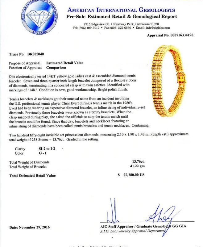 Photo 1 of 13.76ctw Diamond 14K Yellow Gold Tennis Bracelet size 7 3/4" with Appraisal BR005040