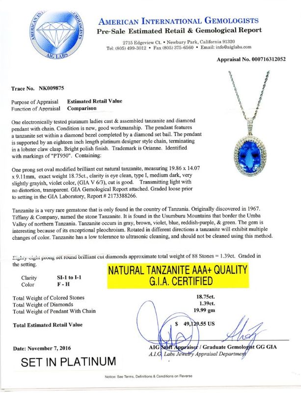 Photo 1 of 18.75ct Tanzanite and 1.39ctw Diamond Platinum Pendant/Necklace (GIA CERTIFIED) Size 18" with Appraisal NK009875