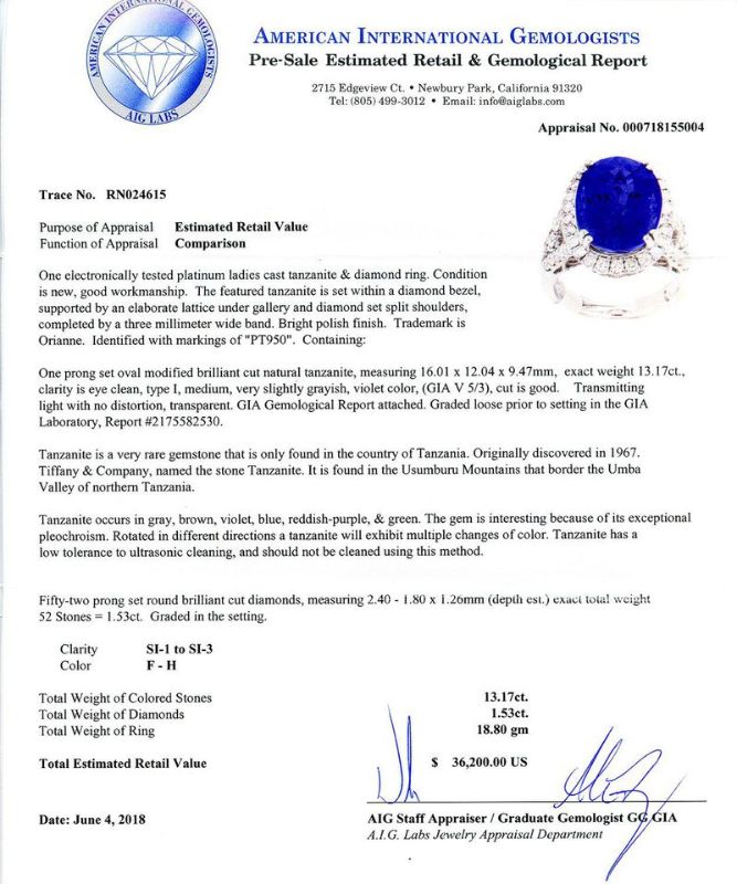 Photo 1 of 13.17ct Tanzanite and 1.53ctw Diamond Platinum Ring (GIA CERTIFIED) size 7 1/4 with Appraisal RN024615