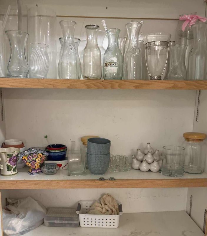 Photo 1 of CONTENTS OF CABINET- GLASS VASES, CARAFES JARS & MORE