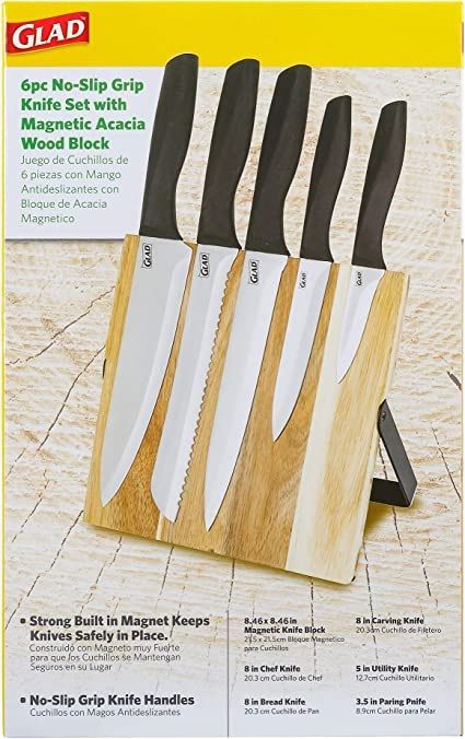 Photo 2 of 6PC NON SLIP GRIP KNIFE SET WITH MAGNETIC ACACIA WOOD BLOCK NEW