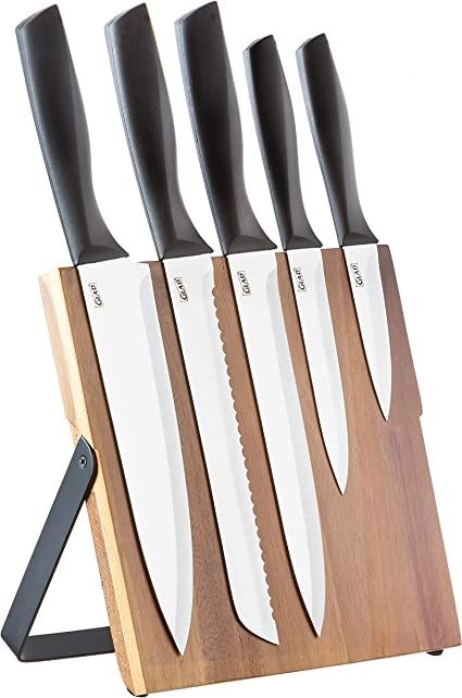 Photo 1 of 6PC NON SLIP GRIP KNIFE SET WITH MAGNETIC ACACIA WOOD BLOCK NEW